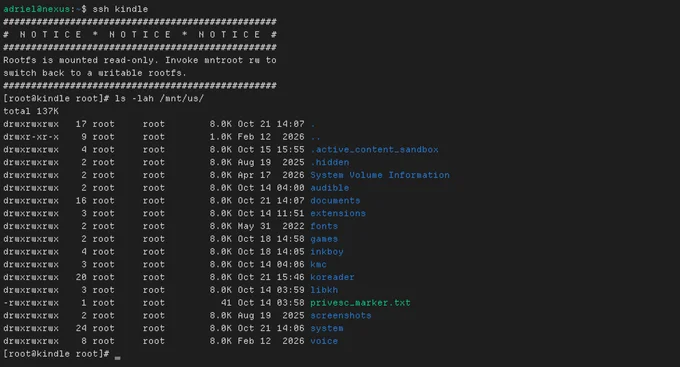 Terminal conectado ao Kindle por SSH, listando diretórios